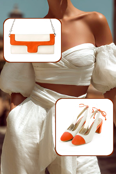 Women's clementine orange and off white elegant slingback heels. Round toe. Medium block heels - Worn view